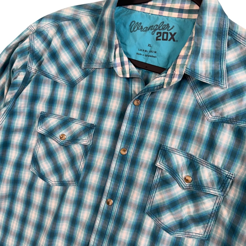 Wrangler 20X Western Snap Shirt Teal Plaid Cowboy Rodeo Workwear Americana XL
